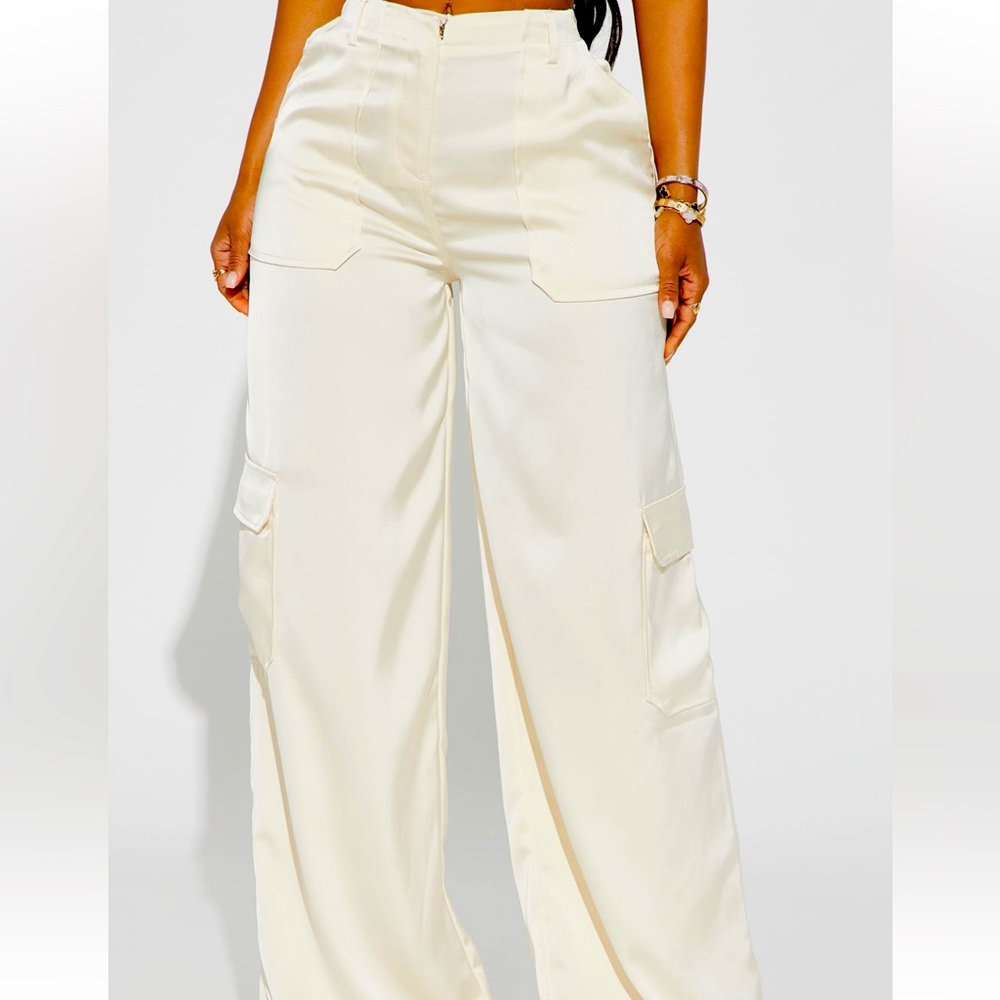 Satin Cargo Pant - Ivory size Xl wide leg